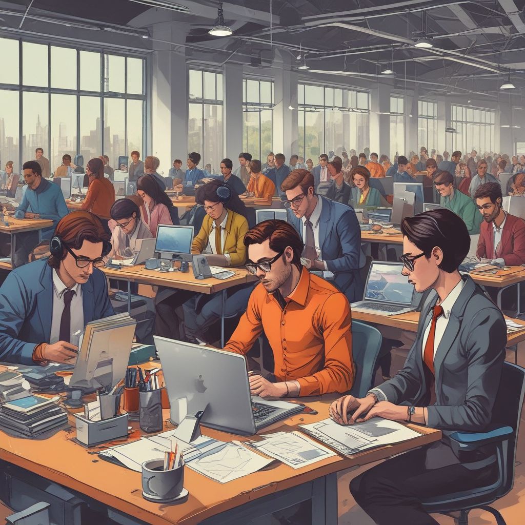 illustration of professionals using technology in a collaborative workspace